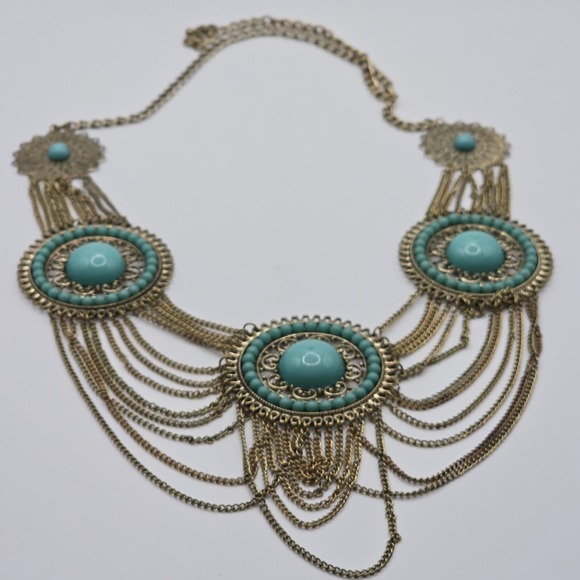 Gold Tone and Blue Statement Necklace Dangling Chains Fashion Boho Festival‎ - Picture 2 of 8